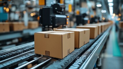 Packages Moving on a Conveyor Belt in a Distribution Warehouse at Midday. Generative AI