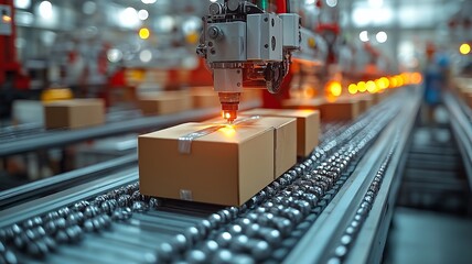High tech Automated Conveyor System Processing Packages in a Warehouse. Generative AI