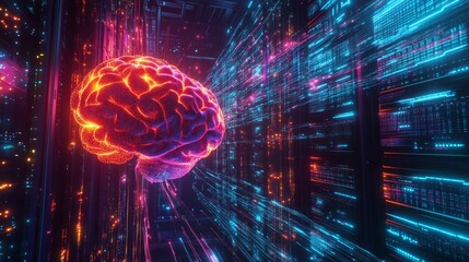 Obraz premium Exploring the intersection of technology and neuroscience a visual journey through artificial intelligence and human cognition in a digital landscape