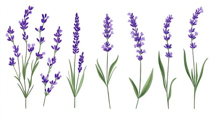 Naklejka premium Illustration of vibrant lavender flowers with purple hues and green leaves on a clean background.