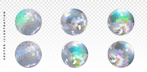 Mirrored disco ball reflecting colored lights. Bright colored rotating disco ball with glare of light on a white background