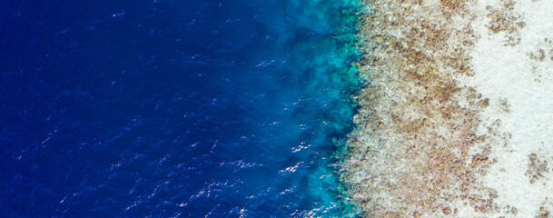 Cropped top above high angle aerial drone view of pure blue water washing seashore stones sand coral reef luxurious destination tour coastline coast beach plage Philippines bali