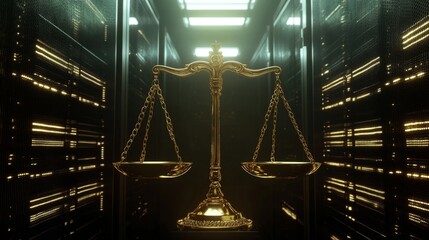 Justice system symbolism golden scales of justice in a high-tech environment digital artwork law and order concept