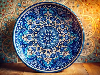 Naklejka premium Elegant Round Frame Arabesques, Blue White Plate, Floral Design, Vintage Ethnic Pattern