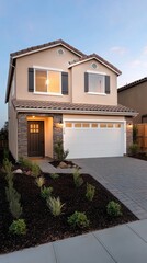 A stunning modern luxury home features elegant stone and wood details, illuminated windows, and a spacious driveway at dusk