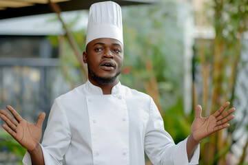 African American male chef in white uniform gesturing outdoors - Powered by Adobe