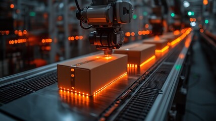Fototapeta premium Automated Robotic System Sorting Packages on a Conveyor Belt in a Warehouse. Generative AI