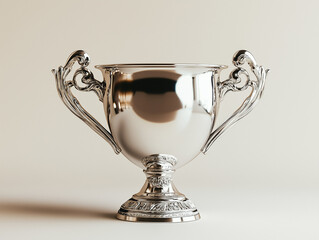 A high-resolution image of a classic silver cup trophy with intricate handles, isolated on a neutral background. 