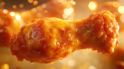 Closeup of golden crispy fried chicken thigh, warm inviting light, ultrarealistic