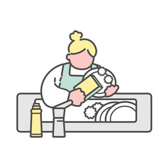 洗い物をするシンプルな線画女性　イラスト　