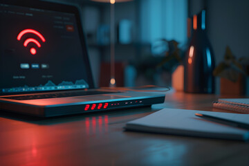 Laptop z wyświetlonym symbolem braku połączenia Wi-Fi, oświetlony ciepłym światłem biurkowej lampy, stoi na drewnianym stole w nowoczesnym wnętrzu. 
