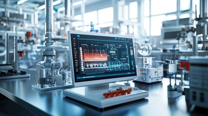 Fototapeta premium A digital display with a 3D holographic model of an efficient energy storage system is set in a research laboratory. The image emphasizes cutting-edge technology and scientific progress.