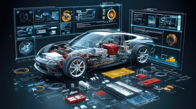 A 3D model of a sport car's energy system is displayed on a holographic interface, featuring advanced components and data streams. The scene emphasizes innovation and efficiency.