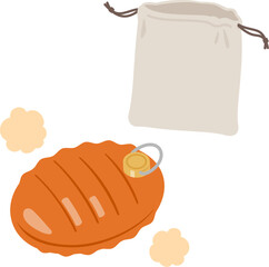 銅製の湯たんぽと巾着袋