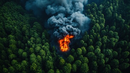 Aerial View of Intense Forest Fire with Thick Black Smoke Rising Above Lush Green Trees in a Dense Woodland Area During Daylight Hours