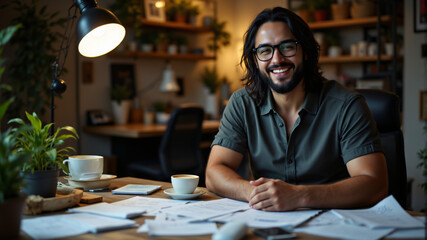 Confident Professional at Modern Desk with Coffee and Papers