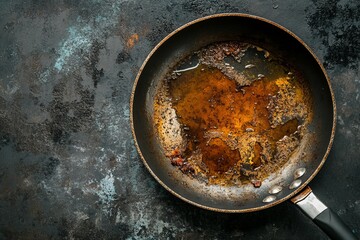 grease in a frying pan, cooking , after cooking, dirty dishes, dirty pan