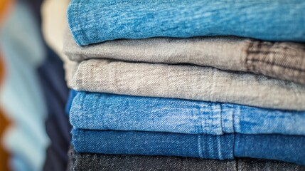 Stack of folded blue and gray denim jeans in close-up view