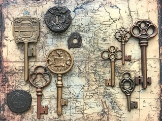Naklejka premium Collection of vintage keys and seals on an antique map background