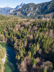 A top down view to the Füssen Mittersee lake during Spring time
