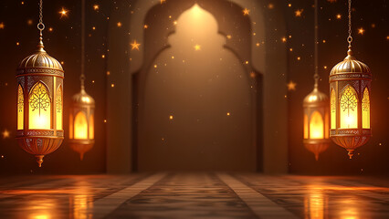 Ramadan Kareem Festive Background with Lanterns and Archway. Concept of Islamic celebration, Eid Mubarak, and spirituality.