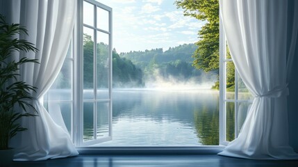 A serene view of a misty lake through open curtains, inviting tranquility and nature.