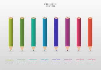 Step by step creative infographic template with 8 steps, options, parts or processes. Pencils concept.
