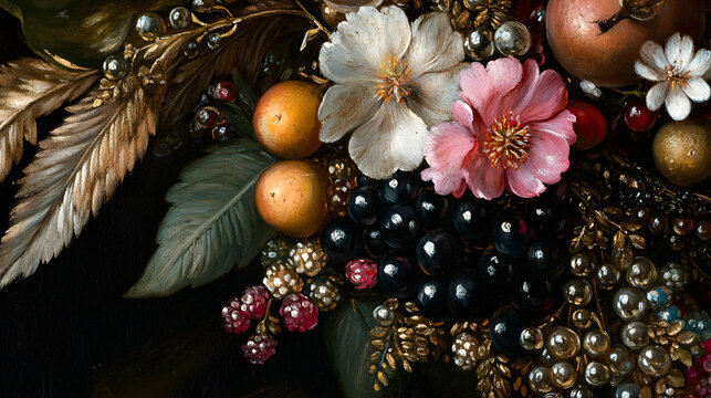 A finely detailed oil painting from the Dutch Golden Age featuring a still life of fruits and flowers.