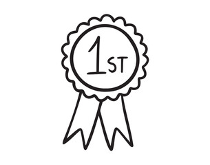 First place, winner reward, rosette hand drawn doodle icon. Medal number 1 icon Simple vector sign.