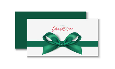 New Year winter or Christmas gift card mockup design template. Decorative festive white gift card with calligraphic merry Christmas text and horizontal green bow and ribbon. Vector stock illustration.