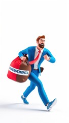 A 3D businessman pulling a heavy bag labeled "Investments," straining with determination