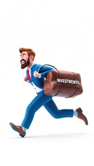A 3D businessman pulling a heavy bag labeled "Investments," straining with determination