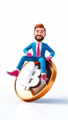 A 3D businessman riding a large bitcoin, representing financial stability