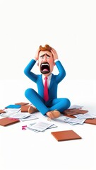 3d frustrated 3D businessman sitting on the ground, surrounded by scattered documents