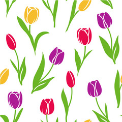 Obraz premium Seamless pattern with yellow, violet and red tulip and leaf silhouette on white background. Happy Mother's Day design template for wrapping or fabric. Abstract floral wallpaper. Vector illustration.