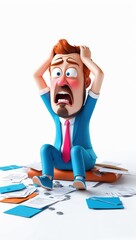 3d frustrated 3D businessman sitting on the ground, surrounded by scattered documents
