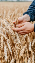 A man inspects healthy wheat ears against a vibrant field backdrop, highlighting quality grain during the golden hour