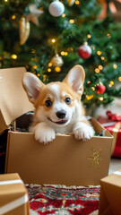 Corgi puppy climbing out of christmas gift box, box standing against christmas tree and festive atmosphere at home. Vertical image.