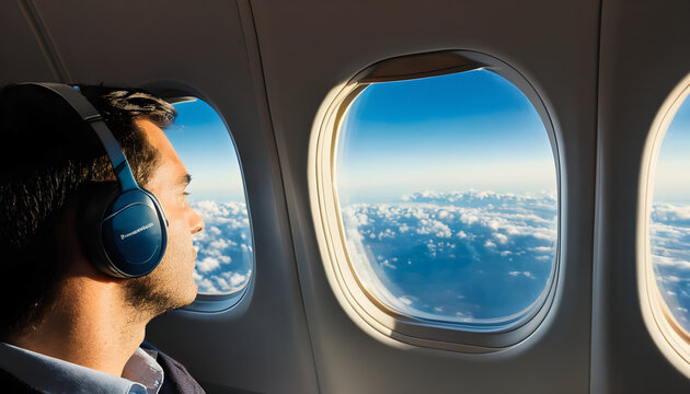 Viajes en avi&oacute;n. Observando el paisaje a trav&eacute;s de la ventanilla de un avi&oacute;n comercial