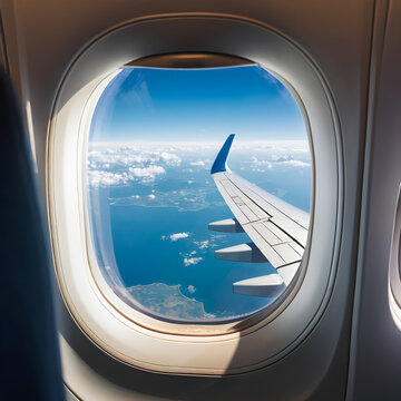 Viajes en avi&oacute;n. Observando el paisaje a trav&eacute;s de la ventanilla de un avi&oacute;n comercial