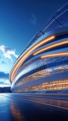 Fototapeta premium A modern architectural structure illuminated at dusk, showcasing sleek design and glass elements.