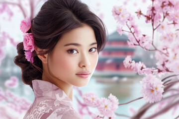 Naklejka premium Young asian woman in traditional pink outfit gracefully standing in nature by the river with sakura blossom and traditional oriental architecture.