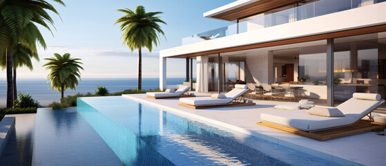 Fototapeta premium A luxury beach house with a stunning sea view, featuring a swimming pool and terrace.