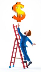 Businessman Standing on a Ladder Reaching for a Dollar Sign
