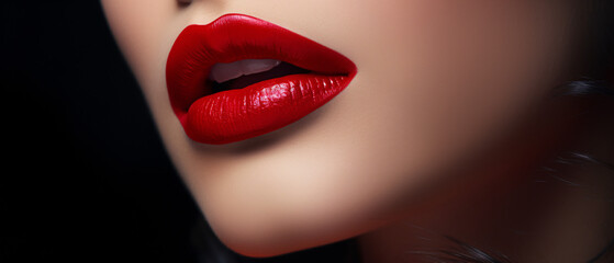 Fototapeta premium Makeup artist applies red lipstick to a beautiful female face, enhancing her features with precise makeup application and elegance