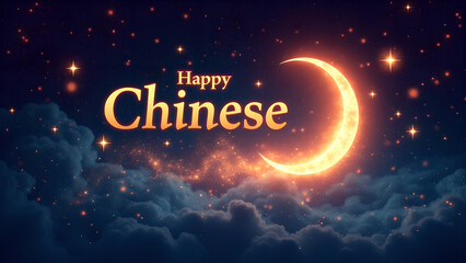 Happy Chinese New Year with crescent moon and stars. Concept of celebration, festival, and tradition.