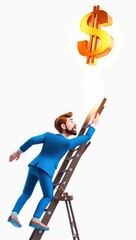 Businessman Standing on a Ladder Reaching for a Dollar Sign