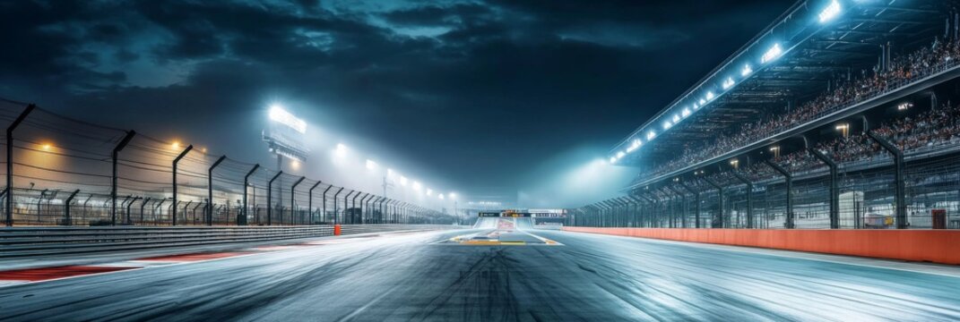 Nighttime Motorsports Racing Stadium with Brightly Lit Track and Dramatic Lighting Showcasing Expansive Architecture and Serene Atmosphere