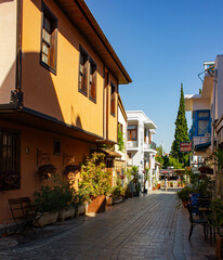 Obraz premium Sunny cozy streets in Old town district in city Antalya in Turkey