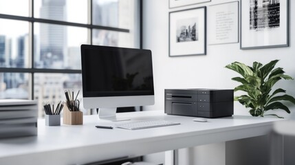 Fototapeta premium Minimalist workspace featuring printer and plants, symbolizing productivity, organization, and technology in modern office environment.